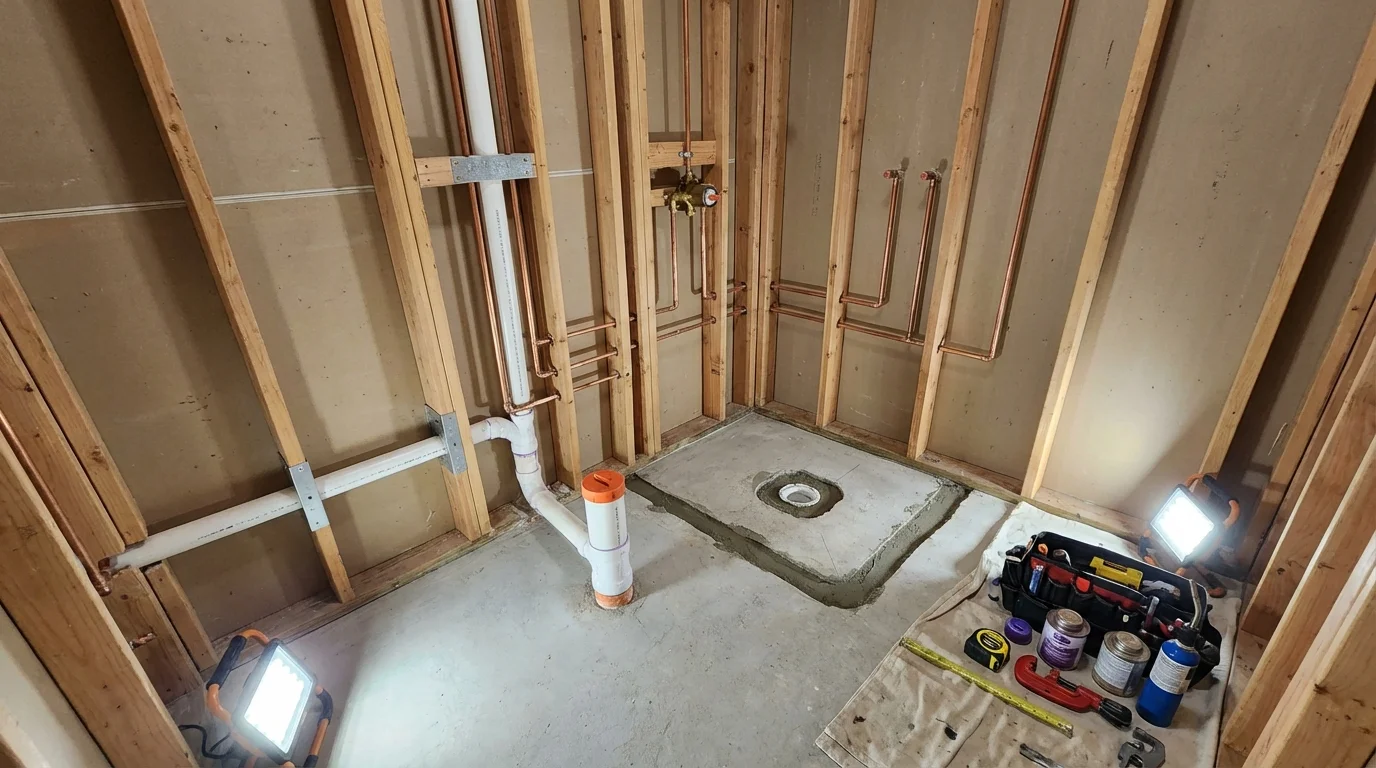 Bathroom rough-in plumbing during remodel by Johns Plumbing LLC in Greybull