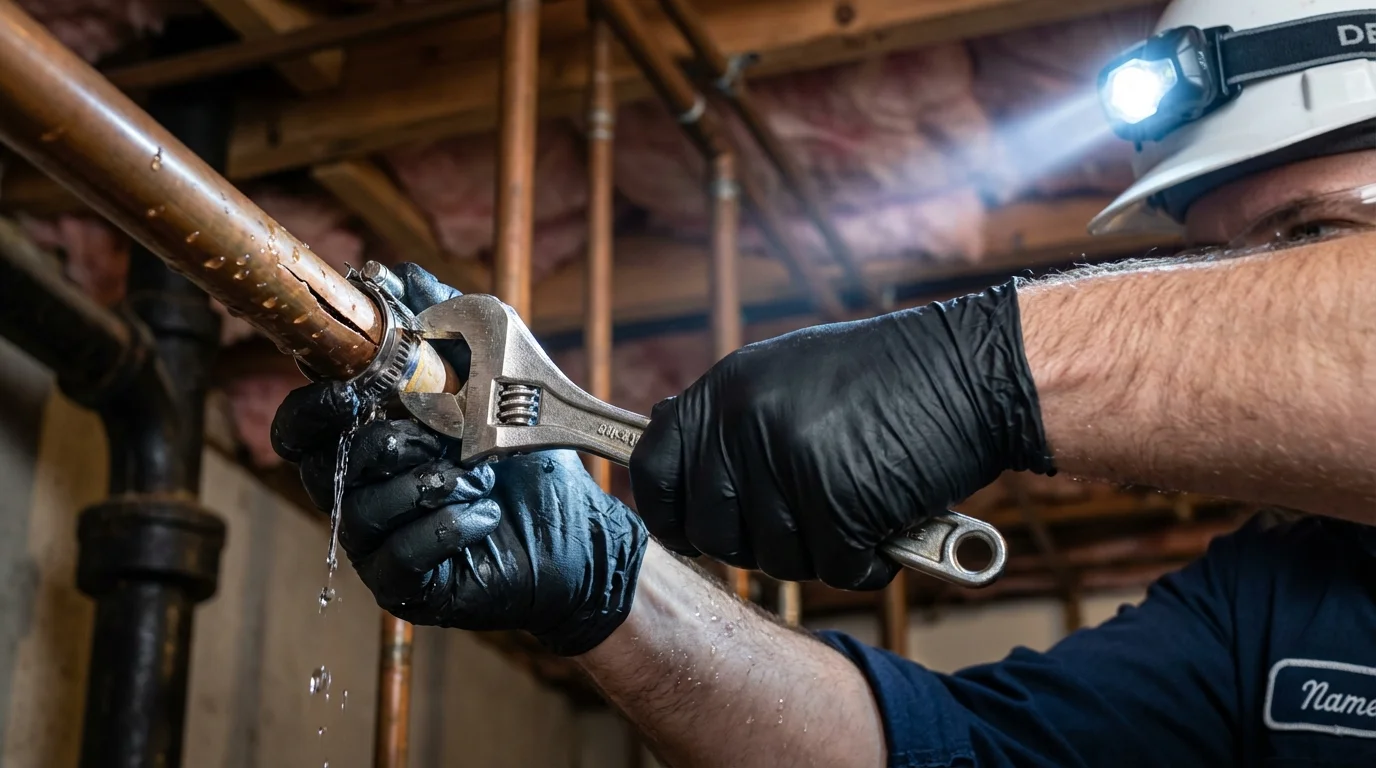 Emergency pipe clamp repair being performed by a Johns Plumbing LLC plumber in Greybull