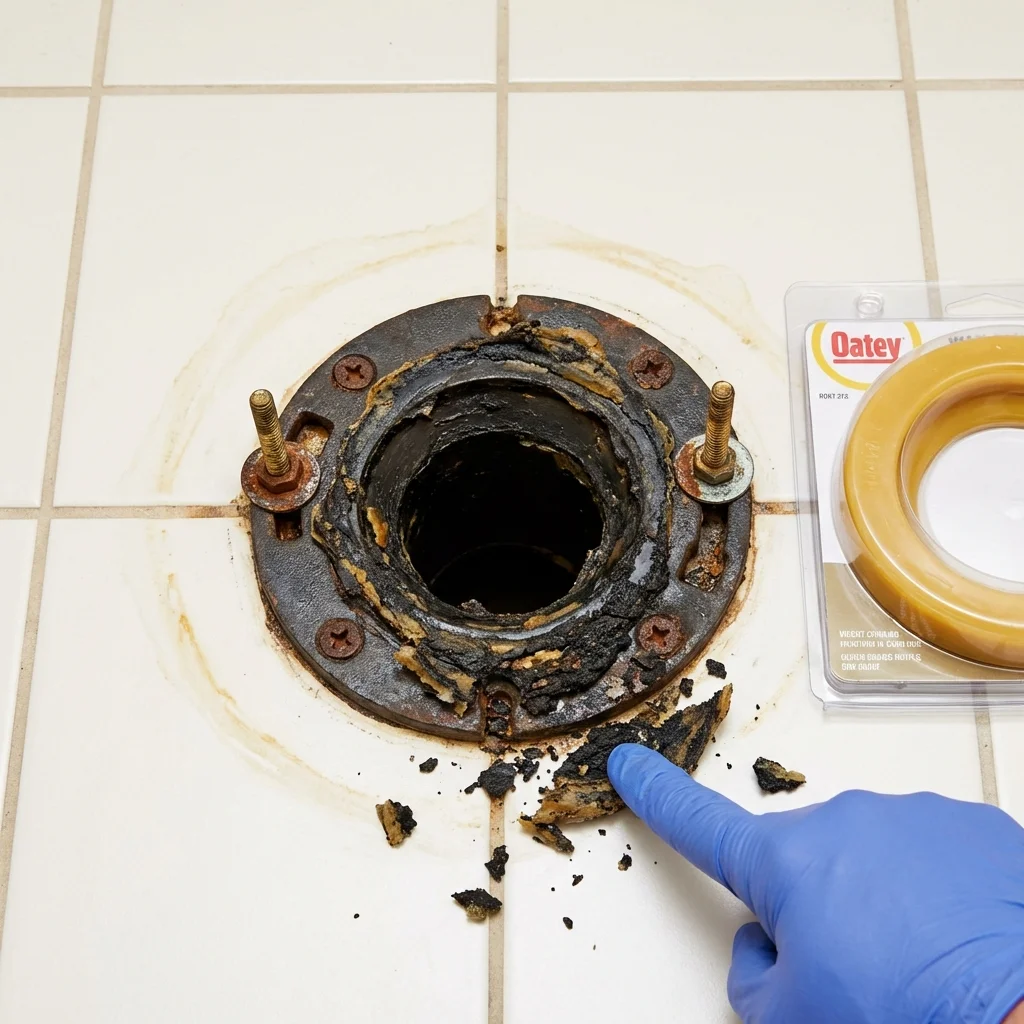 Failed wax ring showing water seepage at the base of a toilet in a Greybull, WY home