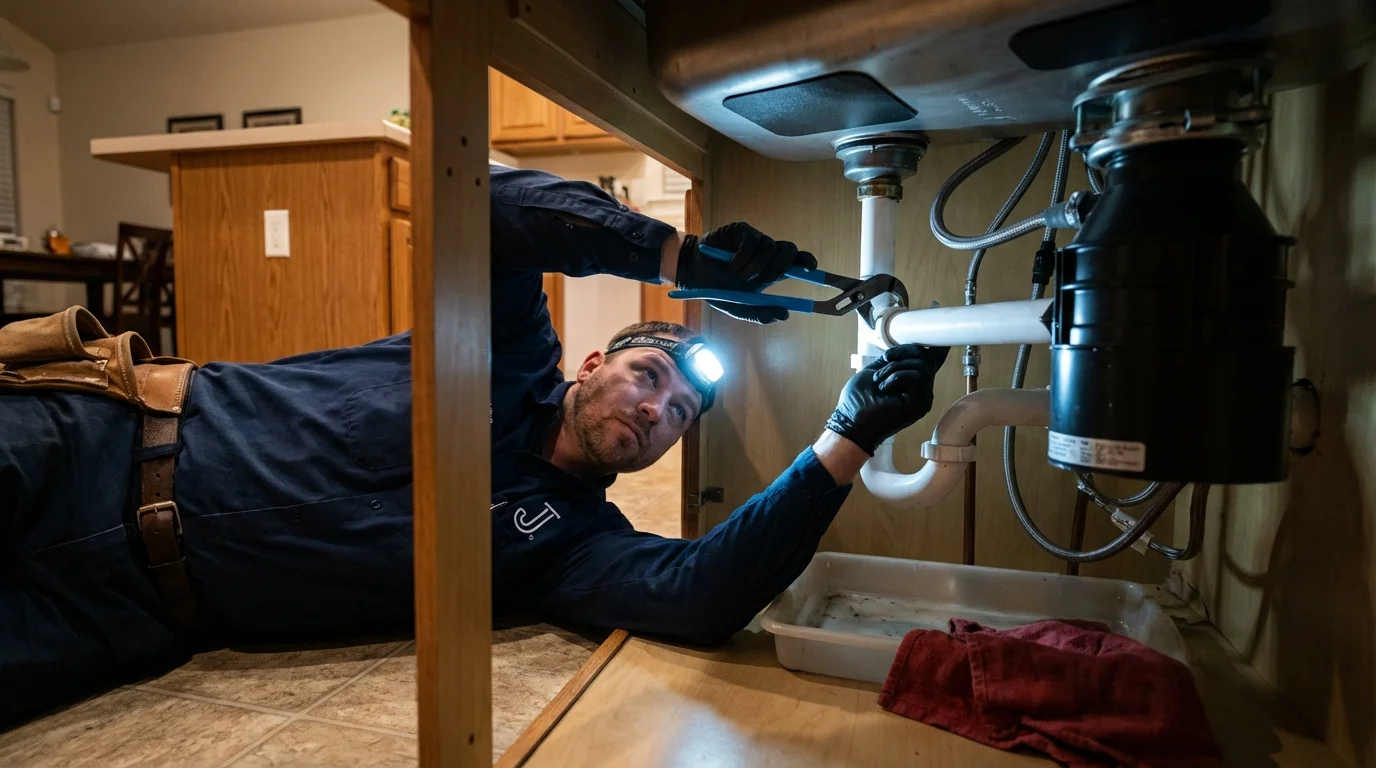 P-trap and supply line connections under a kitchen sink showing a common leak point in Greybull, WY